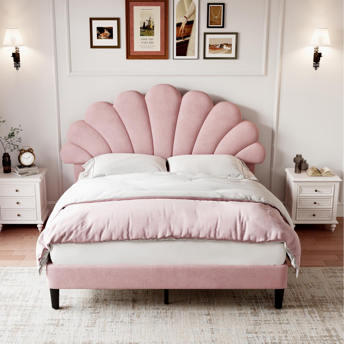 NECHE Double Upholstered Velvet Bed Frame - Pink