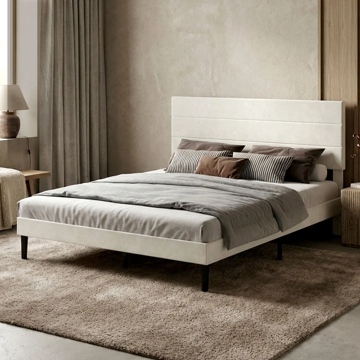 King Bed Frame Upholstered Headboard Platform Velvet Foam White Fabric - White – image 2