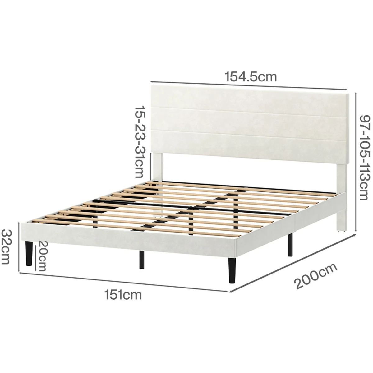 King Bed Frame Upholstered Headboard Platform Velvet Foam White Fabric - White – image 4