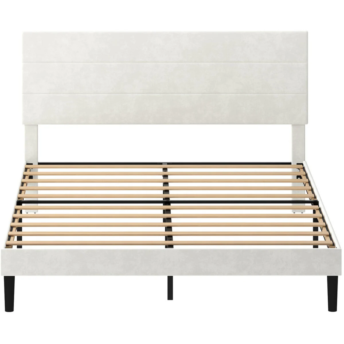 King Bed Frame Upholstered Headboard Platform Velvet Foam White Fabric - White – image 8