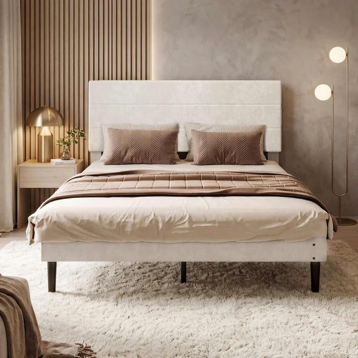 King Bed Frame Upholstered Headboard Platform Velvet Foam White Fabric - White – image 1