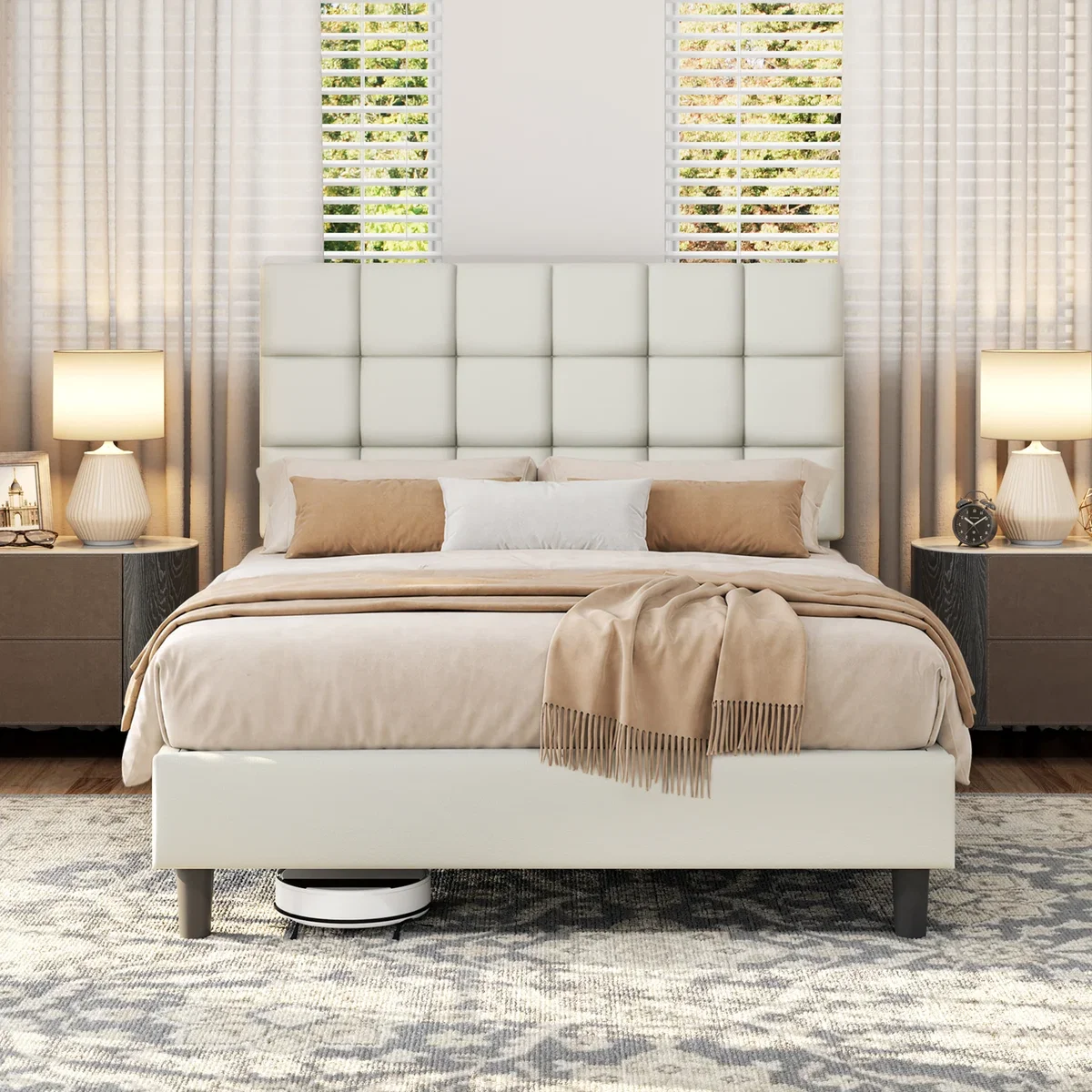 Yaheetech PU Leather Upholstered Platform Bed with Square Tufted Headboard - Cream / Double – image 1