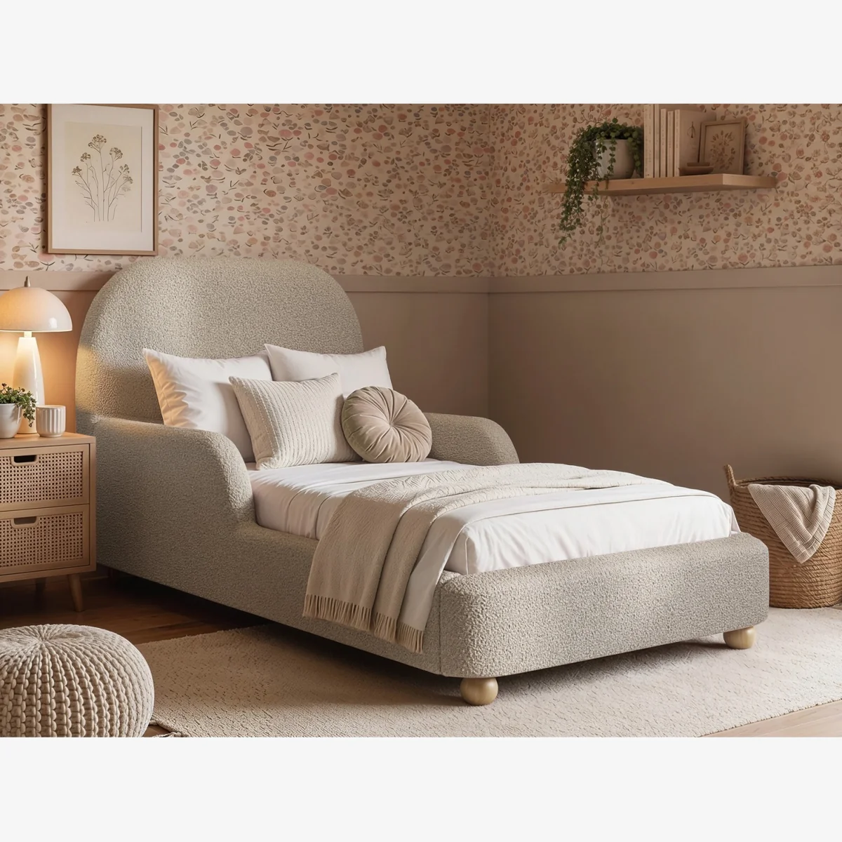Kira Upholstered Single Bed with Side Rails - Beige