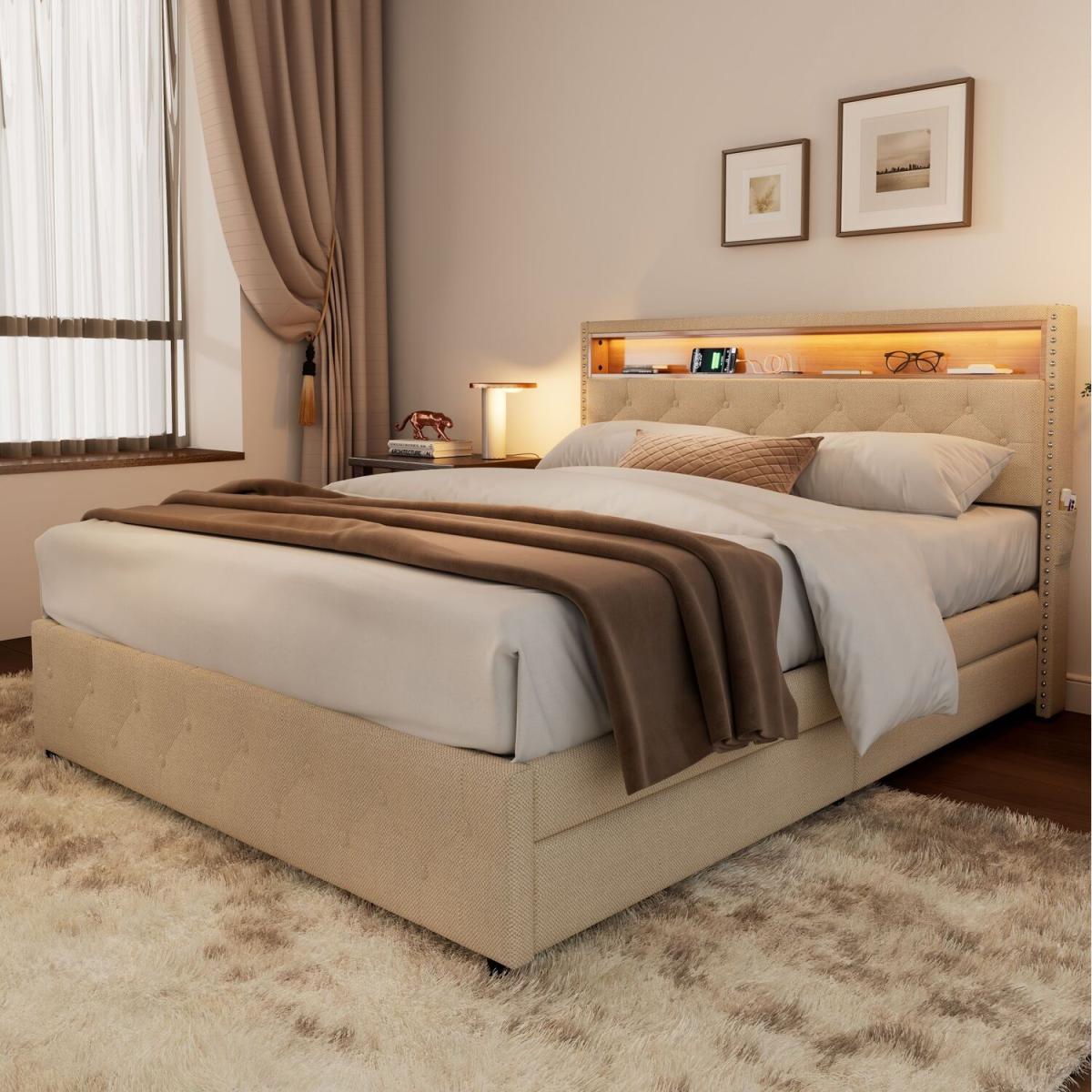Double Upholstered LED Bed with 4 Drawers Bedside Pocket - Beige