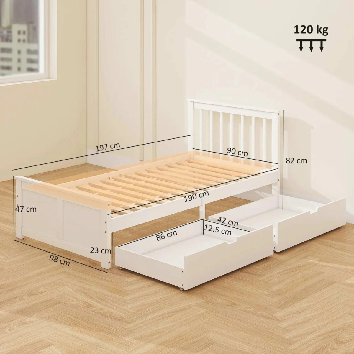 Sutton White Wooden Single Bed Frame - 2 Integrated Storage Drawers – image 4