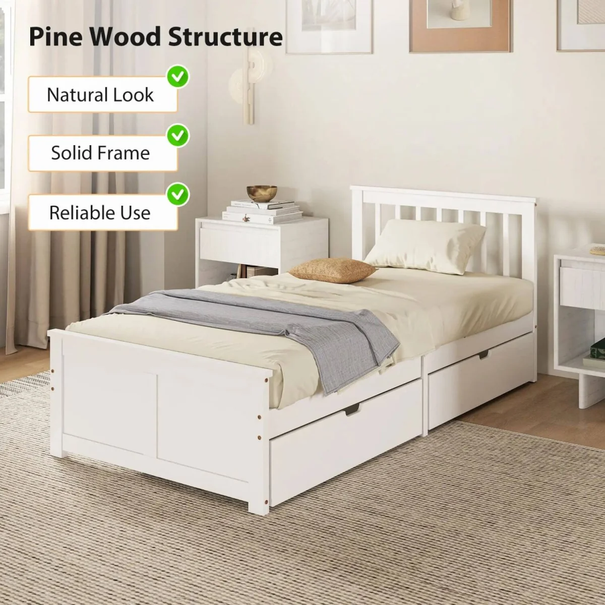 Sutton White Wooden Single Bed Frame - 2 Integrated Storage Drawers – image 5