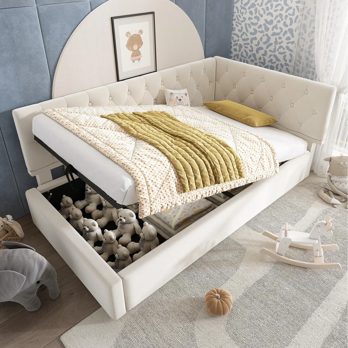 Daybed Upholstered Bed with Storage, 3FT Single Sofa Ottoman Bed - Beige
