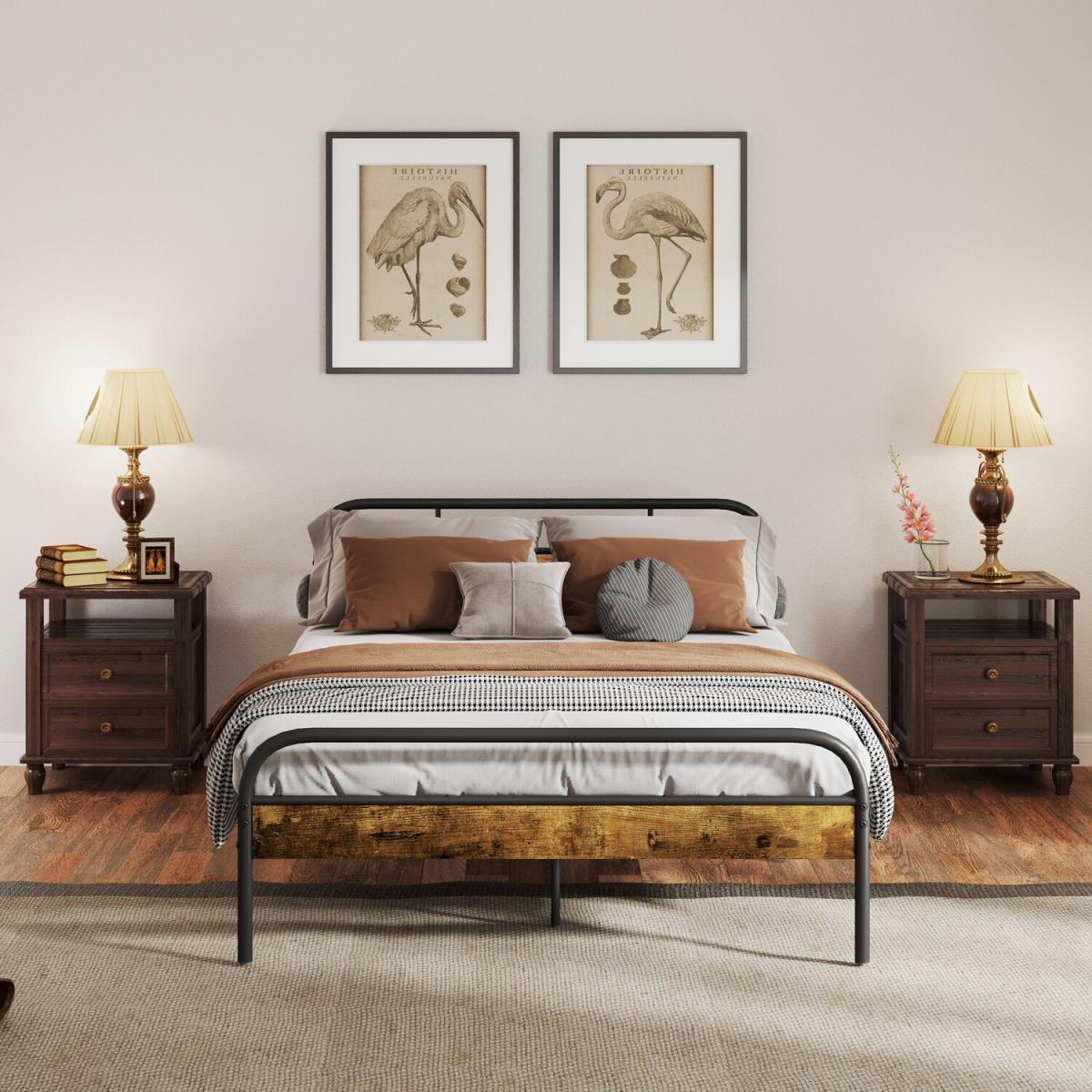 Double Industrial Metal and Wood Bed Frame with Headboard - Black and Brown