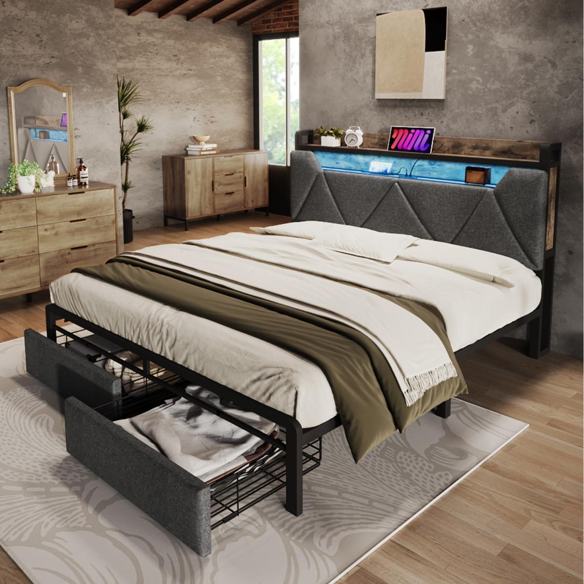 Upholstered Double Bed with LED Lighting - Grey
