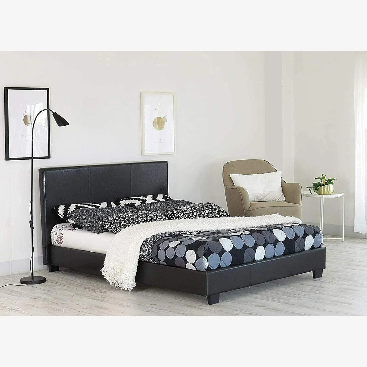 Leather Bed Frame Black Upholstered - Black / 49kg