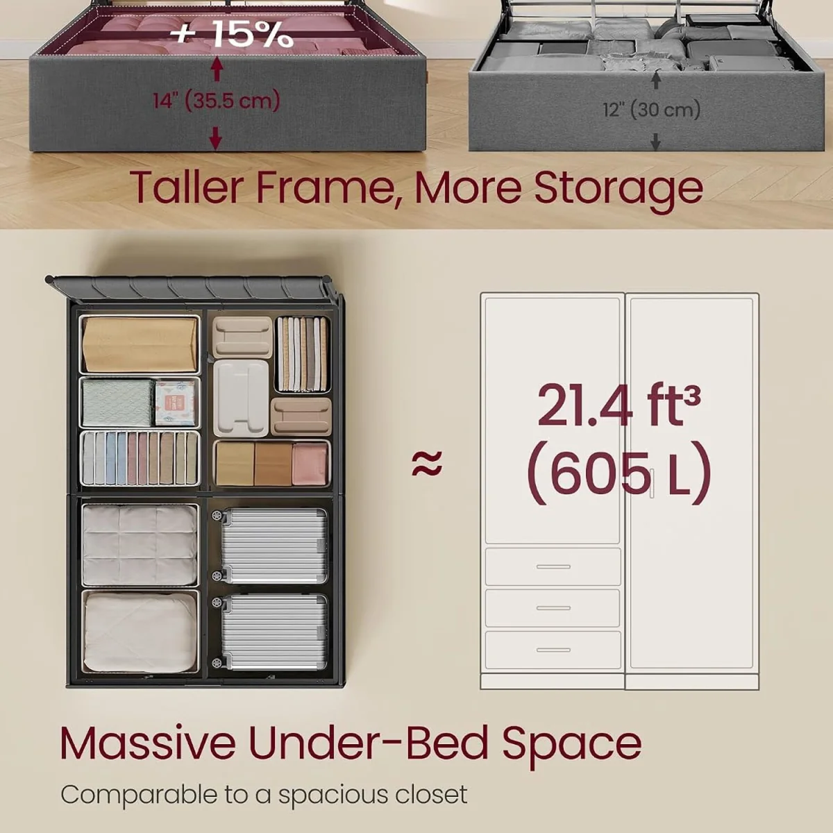 VASAGLE Double Bed Frame with Lift-Up Storage, Hydraulic Lift - Grey – image 2