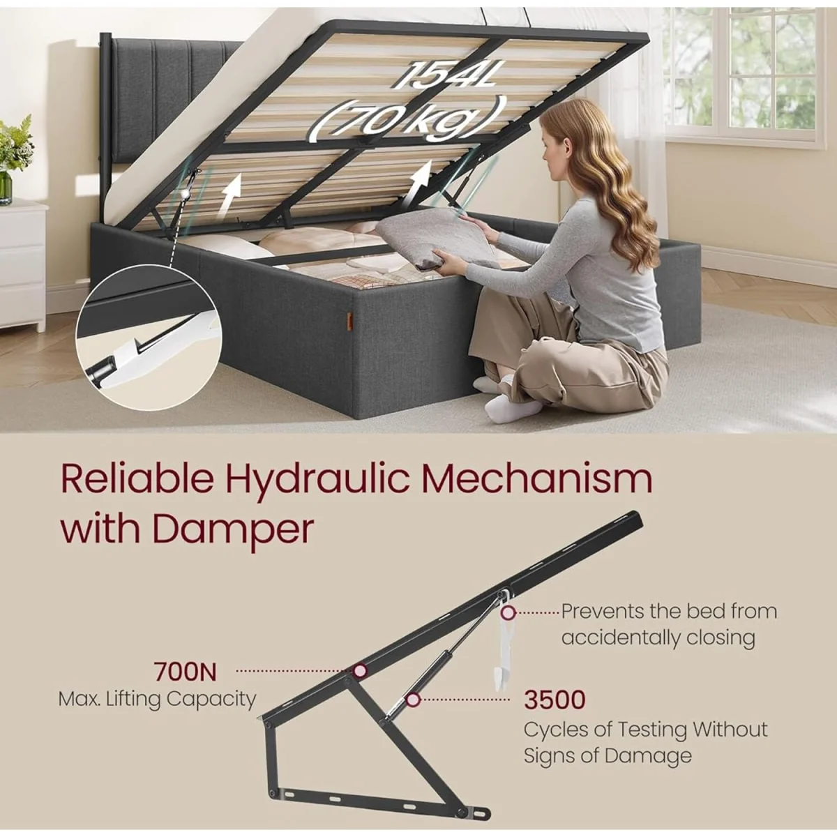 VASAGLE Double Bed Frame with Lift-Up Storage, Hydraulic Lift - Grey – image 4