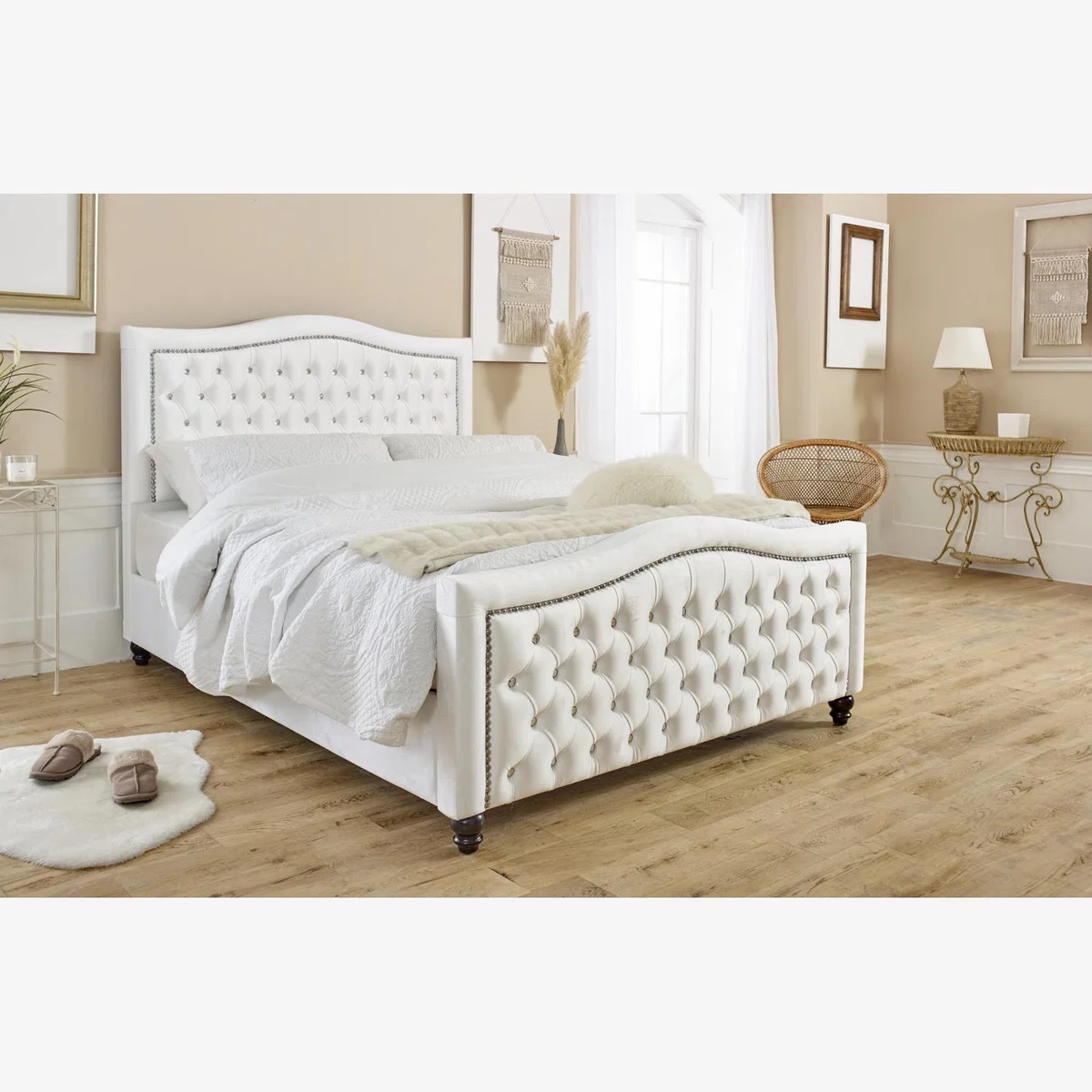 Saturn Plush 4 Inch Solid Thick Bed Frame With Chesterfield Headboard - White / Single