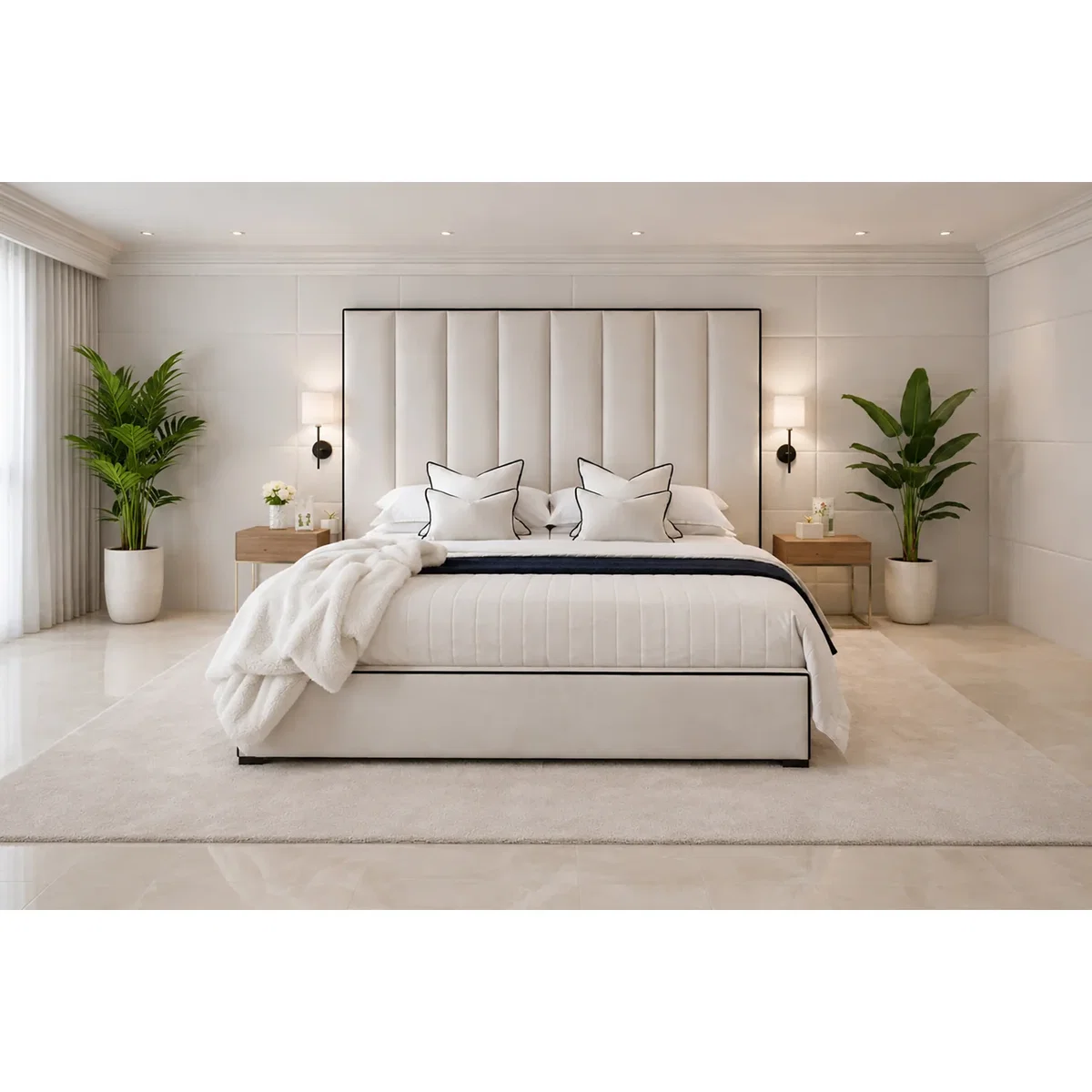 K Mehmood enterprise ltd Modern Luxury Luxe Line Tall Headboard Bed Plush Velvet G - White – image 2
