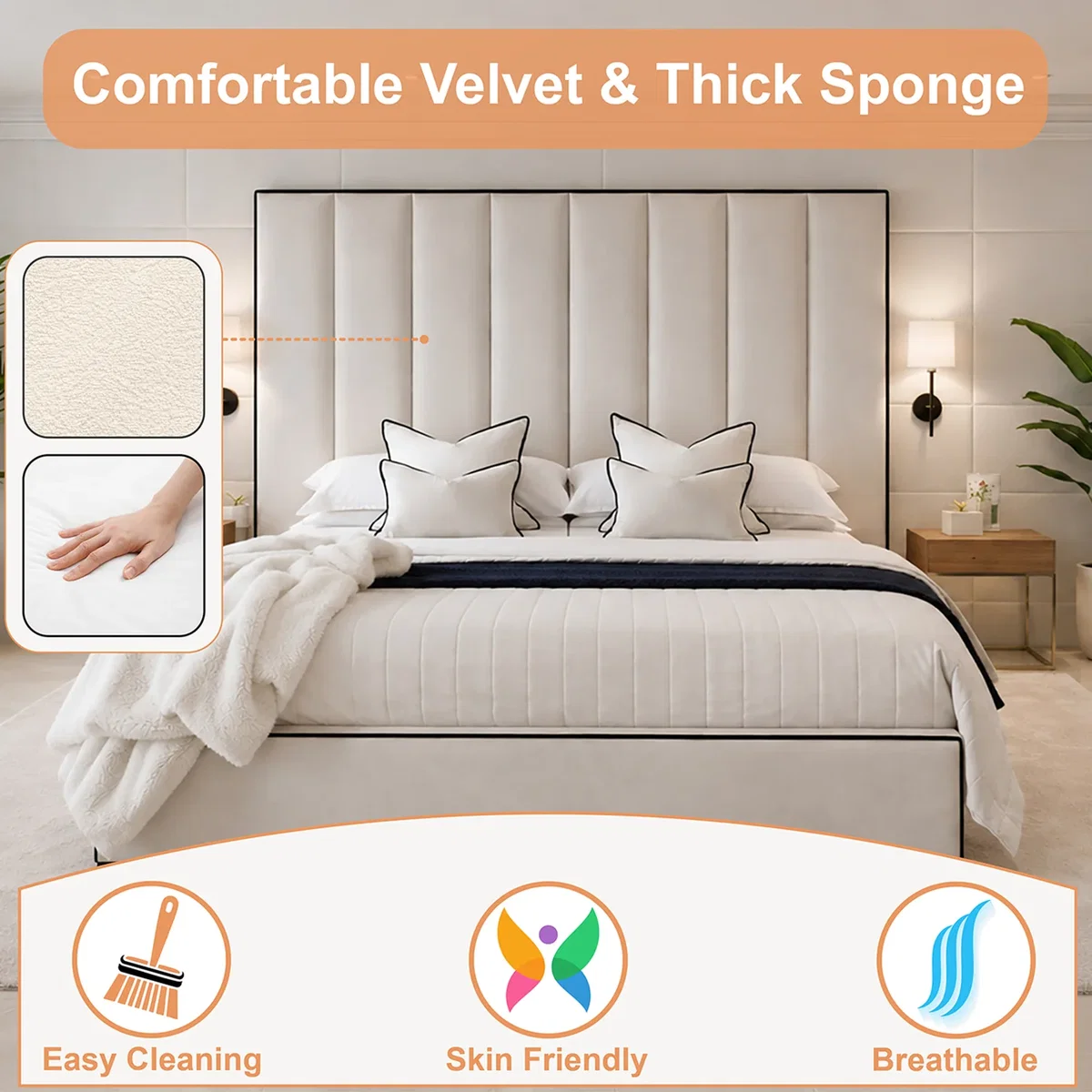 K Mehmood enterprise ltd Modern Luxury Luxe Line Tall Headboard Bed Plush Velvet G - White – image 6