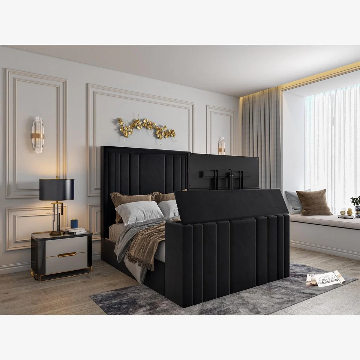 Hampton Upholstered Soft Velvet Tv Bespoke Bed Frame - Plush Velvet Fabric - White / Single