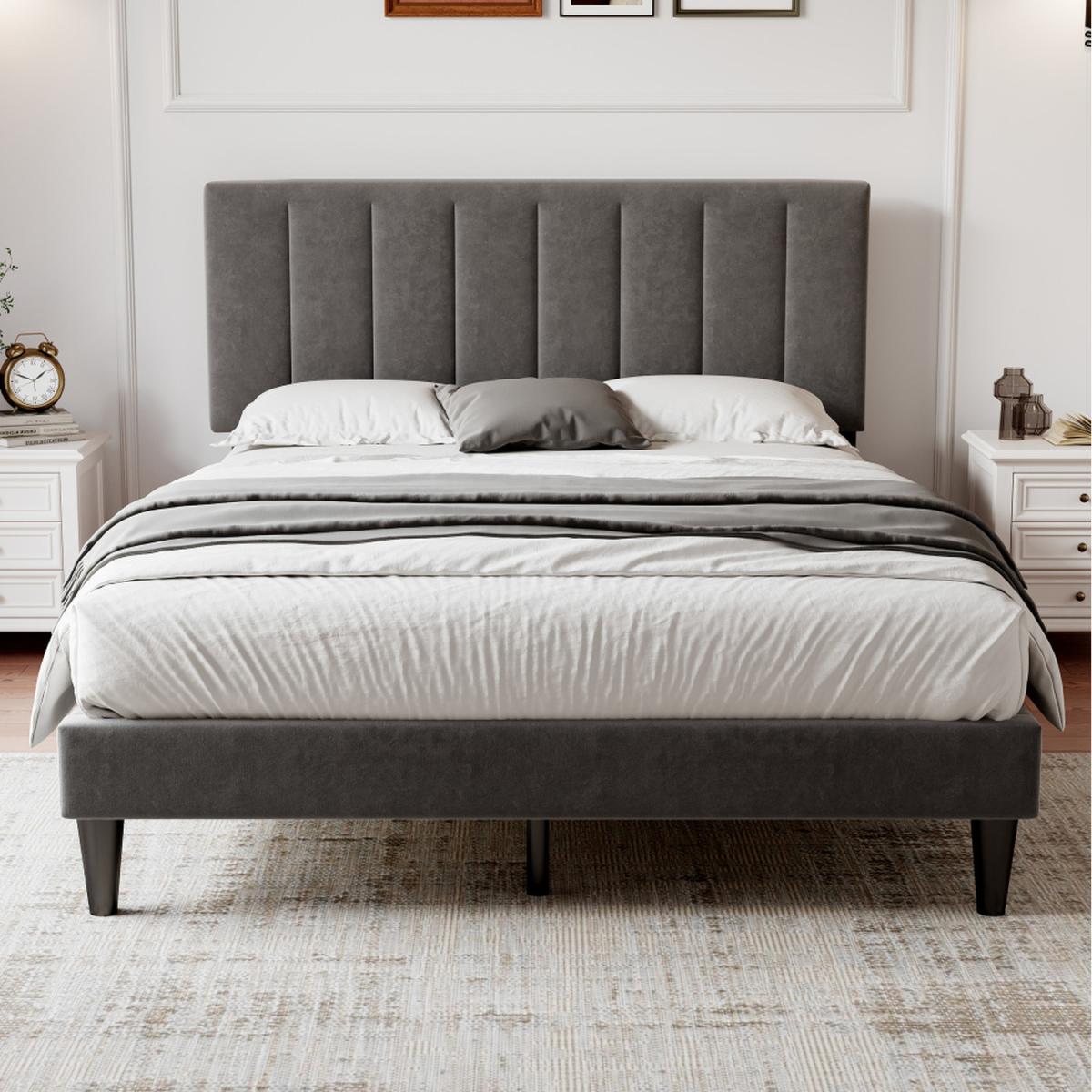 Modern Double Upholstered Velvet Bed Frame - Grey