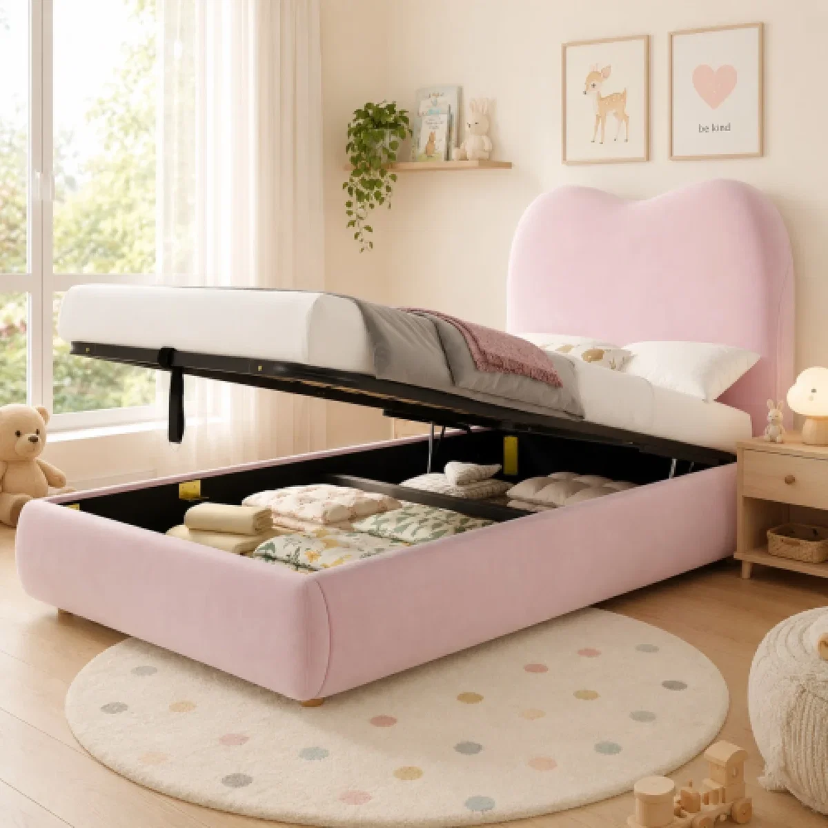 AKA Upholstered Hydraulic Bed with Headboard and Large Storage Space - Pink – image 1