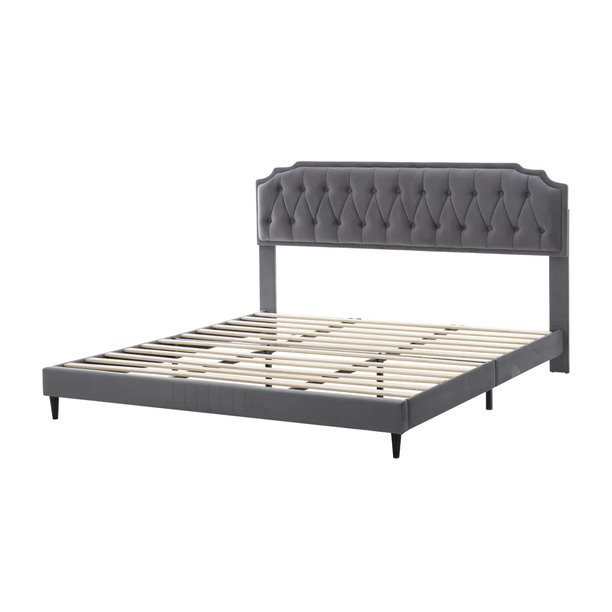 CozyLiving Velvet Upholstered Superking Bed Frame with Tufted Headboard Chelsey - DARK GREY
