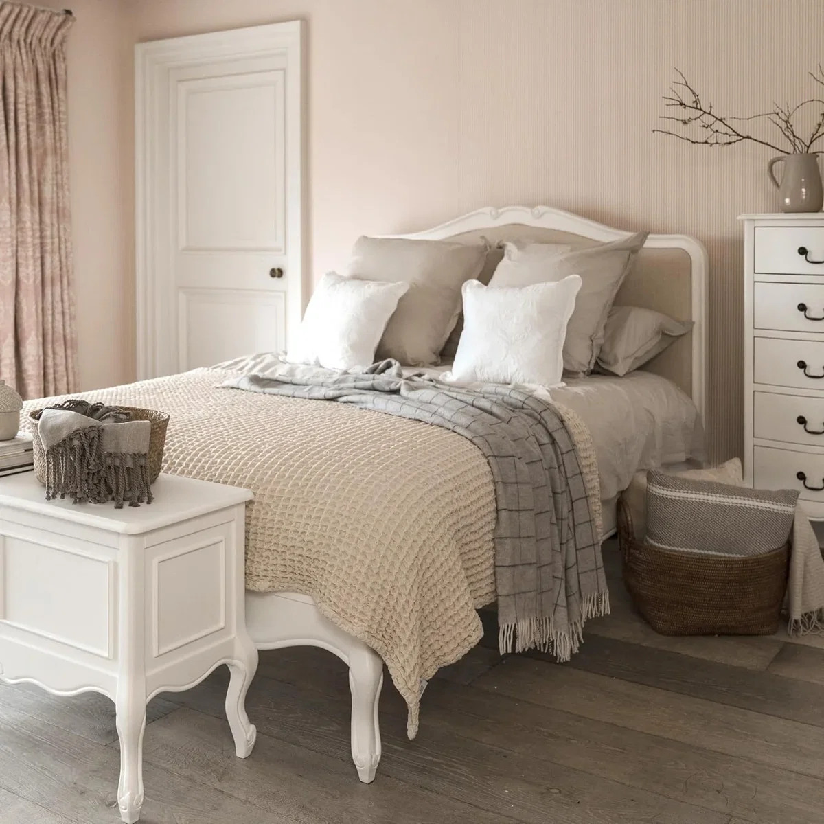 Juliette French Upholstered Headboard Bed - White / King