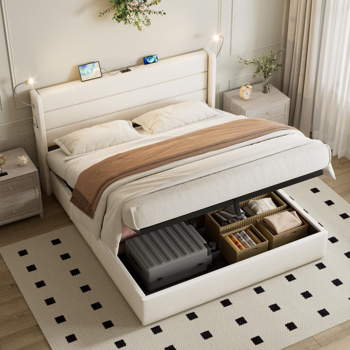 Upholstered Linen Hydraulic Bed with Adjustable LED Reading Light - Beige / Double
