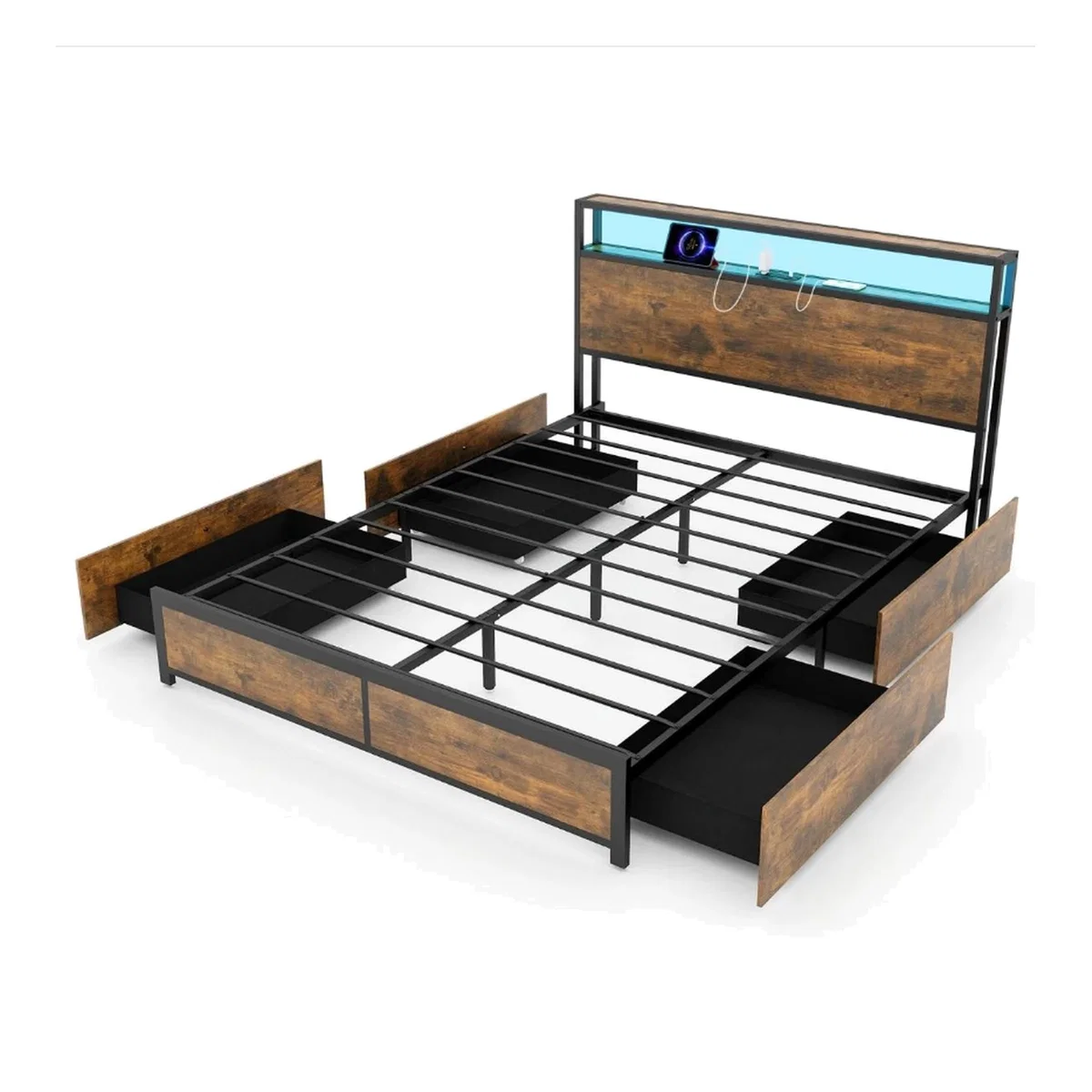 King Size Bed Frame with LED Lights Headboard - Black