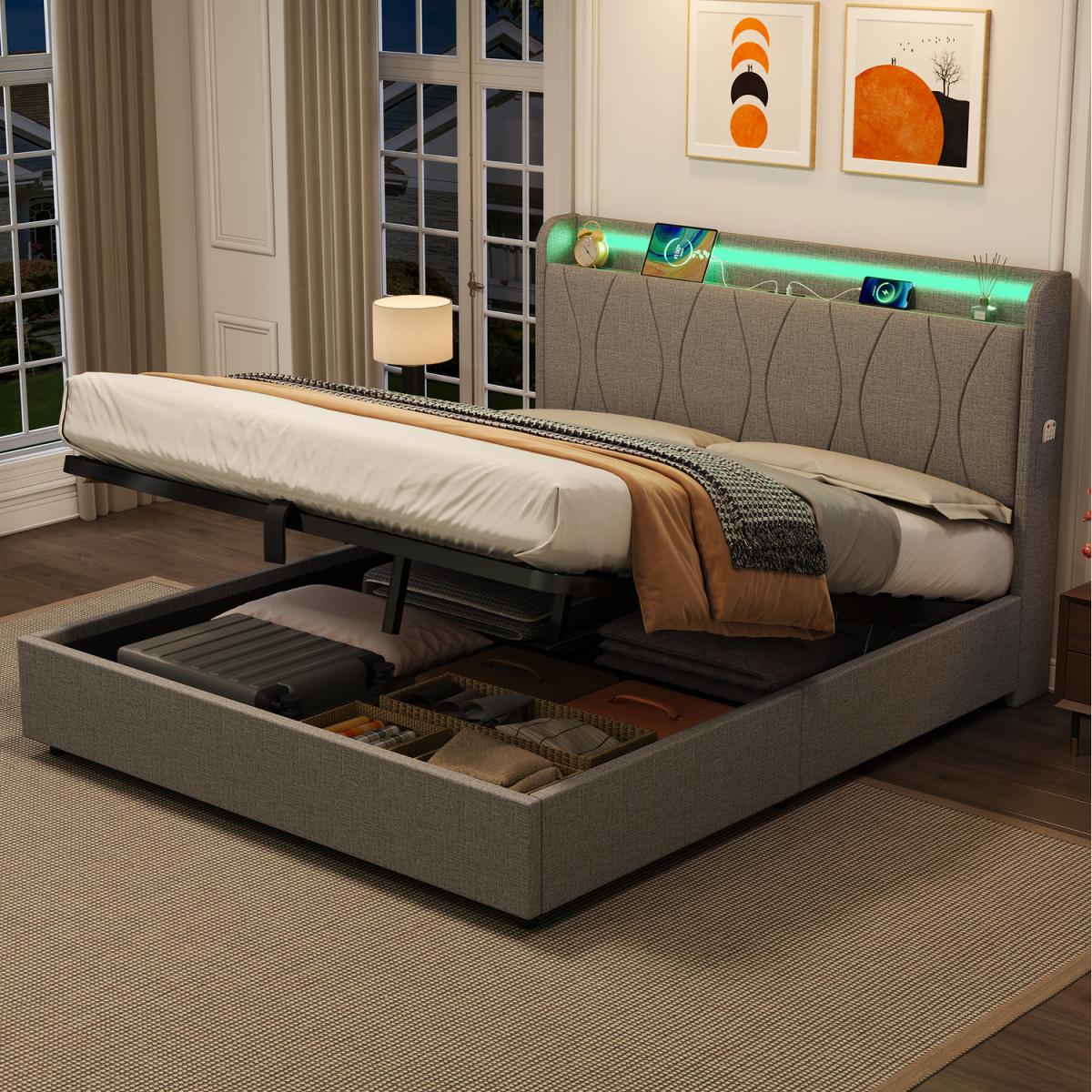Upholstered Bed Frame with Hydraulic Storage, LED Headboard - Grey