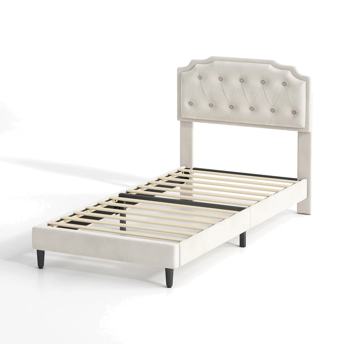MCC Direct CozyLiving Velvet Upholstered Single Bed Frame with Tufted Headboard Chelsey A - BEIGE
