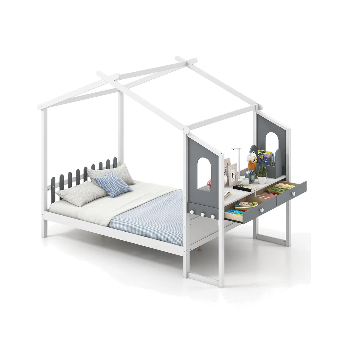 Montessori Bed Frame Playhouse Bed House Bed with Desk - White / Double