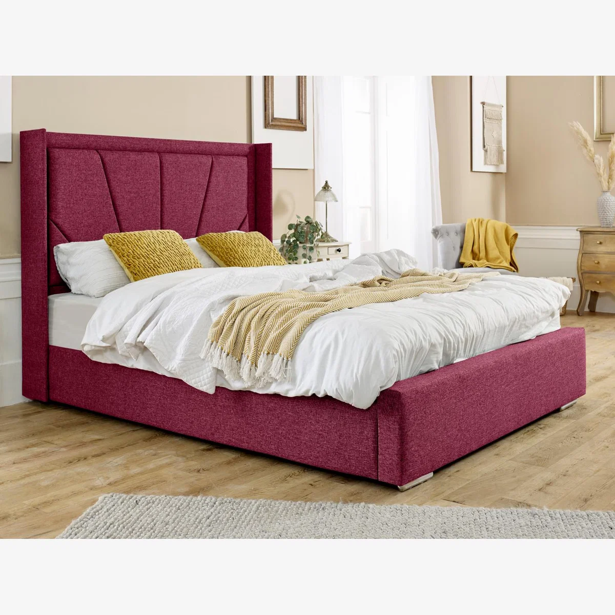 Harry Linen 4 Inch Solid Thick Bed Frame With Winged Headboard - Maroon / Single