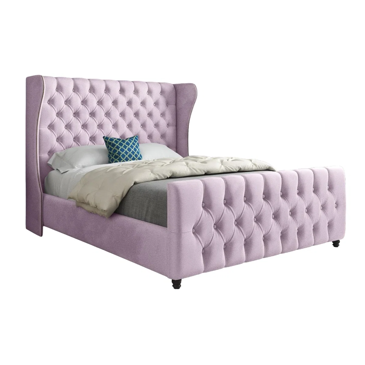 Dozer Straight Curved Top Soft Velvet Upholstered Bed Frame - Pink / Small Single