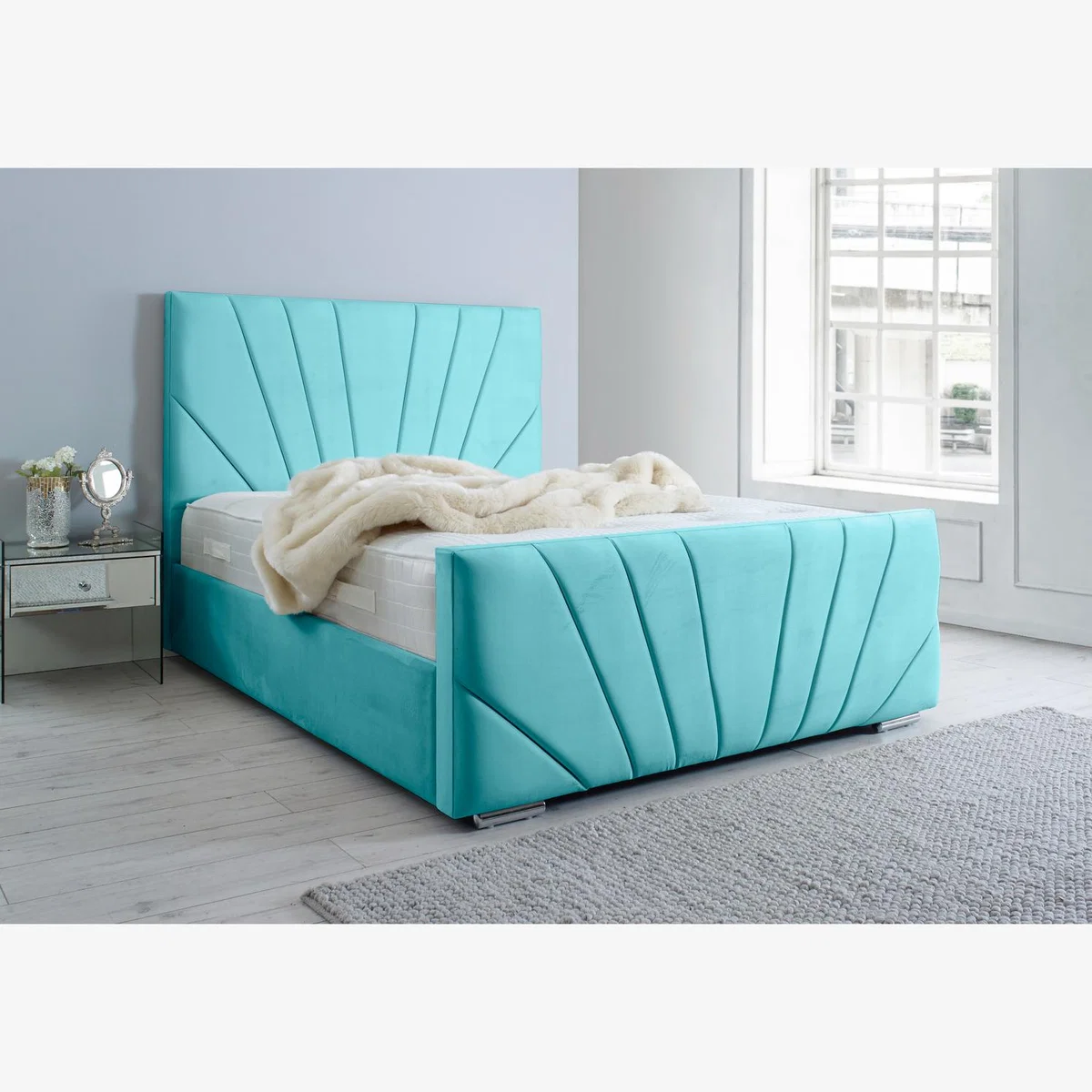 Marco Plush 4 Inch Solid Thick Bed Frame With Lined Headboard - Teal / Double