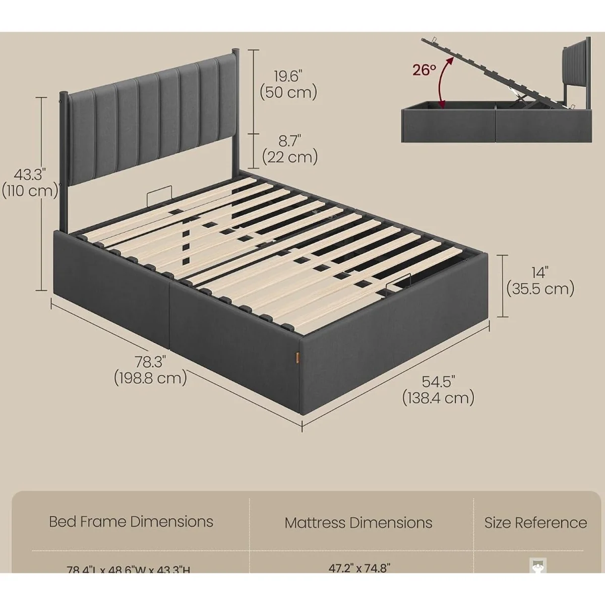 VASAGLE Double Bed Frame with Lift-Up Storage - Grey – image 3
