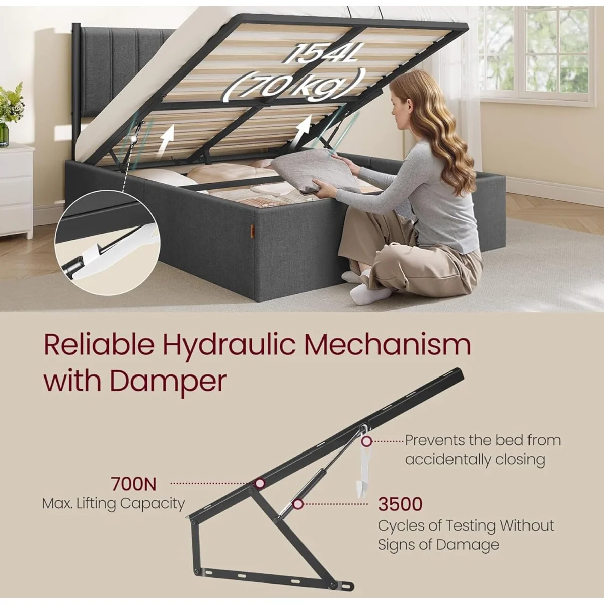 VASAGLE Double Bed Frame with Lift-Up Storage - Grey – image 5