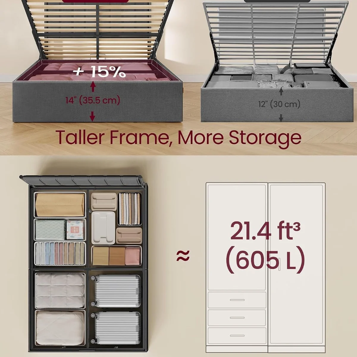 VASAGLE Double Bed Frame with Lift-Up Storage - Grey – image 7