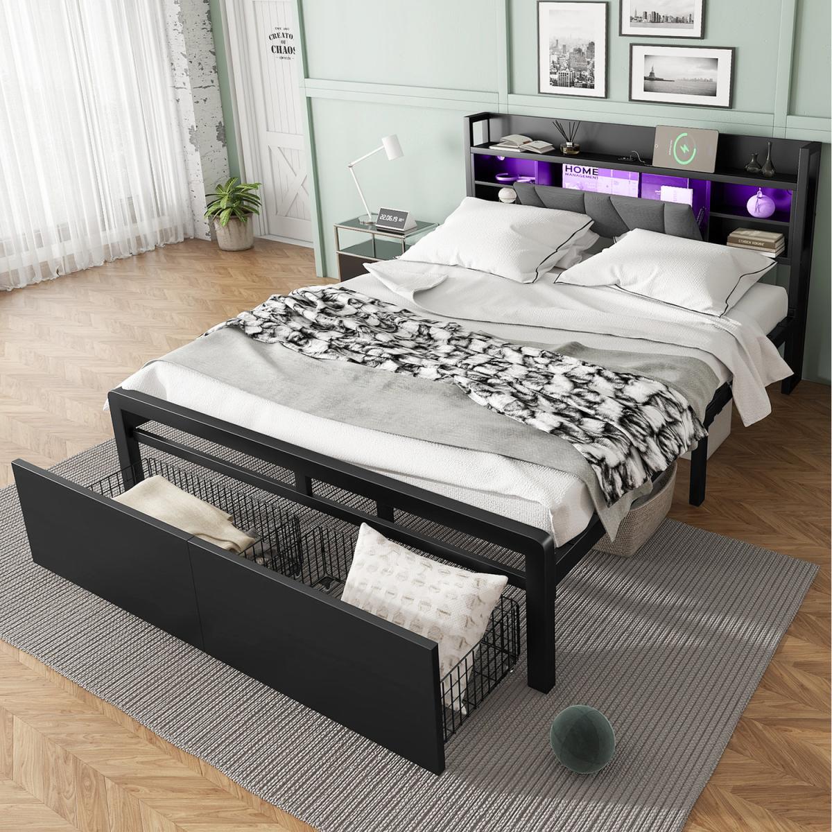 Padded Storage Headboard Metal Double Bed - Black