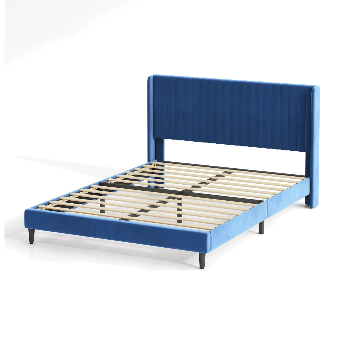 CozyLiving Velvet Upholstered King Size Bed Frame with Channel Headboard Charlie - BLUE