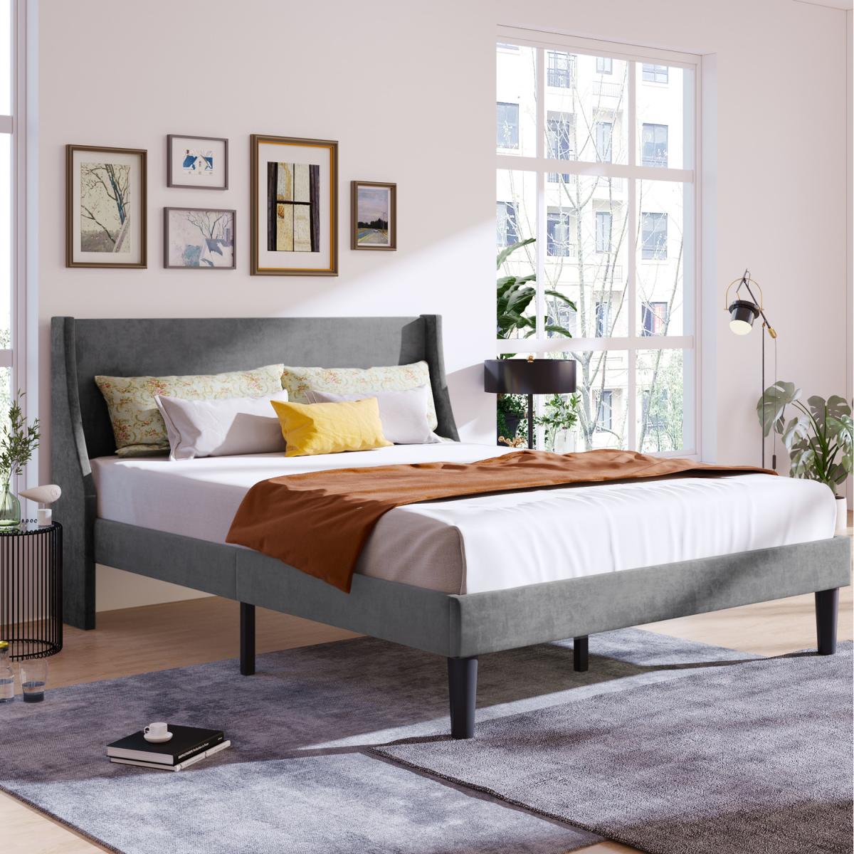 Upholstered Bed with Winged Headboard, Wood Slat Support - Grey