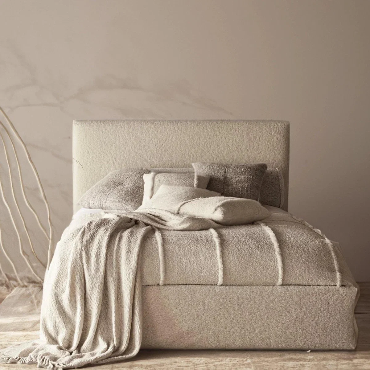 Pierre Boucle Upholstered Bed Frame - Boucle Fabric - Pink / Single