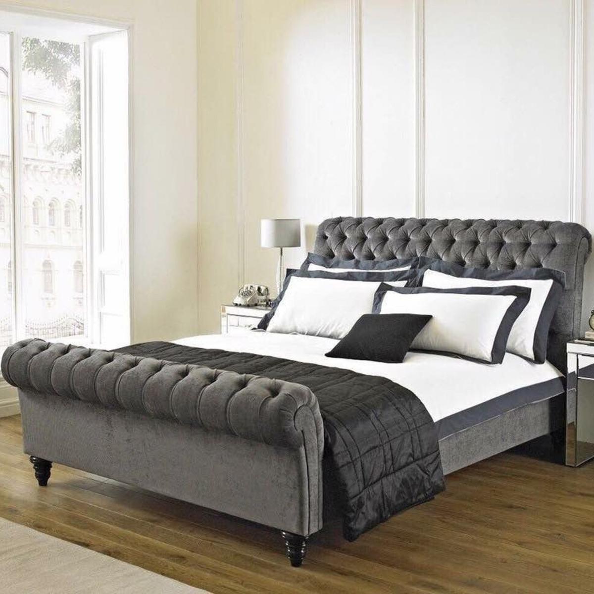 Sleigh Chesterfield Swan Bed - Grey / Single