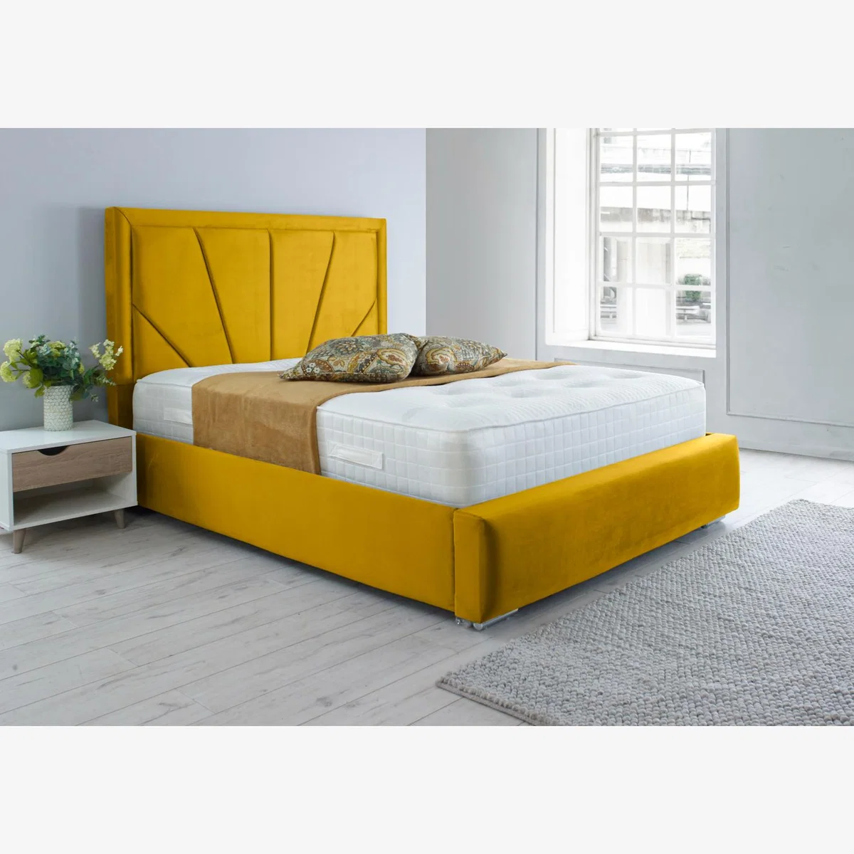 Itala Plush 4 Inch Solid Thick Bed Frame With Lined Headboard - Mustard Gold / Single