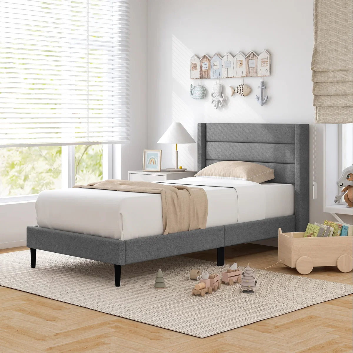 Linen Upholstered Platform Bed - Grey / Single
