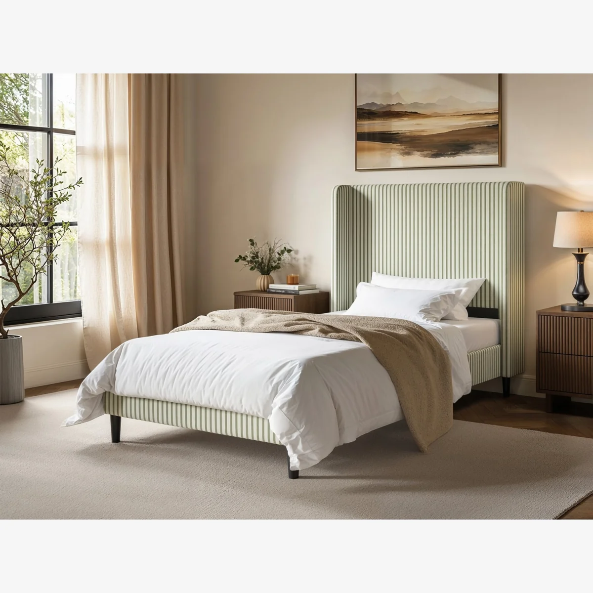 Jovanna Striped Bed Frame with Winged Headboard - Green / Single