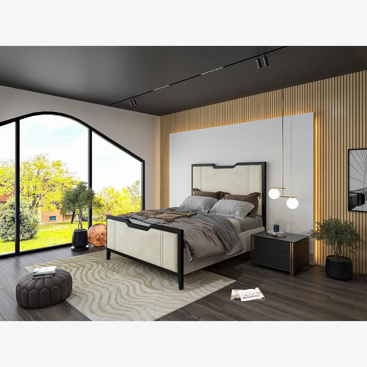 Carlo Metal Line Bed - Plush Velvet Fabric - White / Small Double