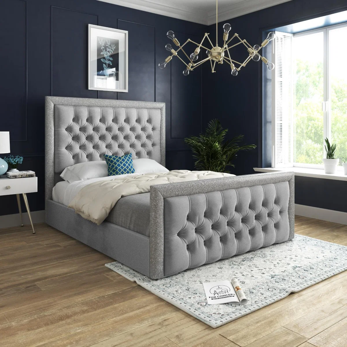 Rincon Glitter Border Upholstered Velvet Bed Frame - Grey / Single