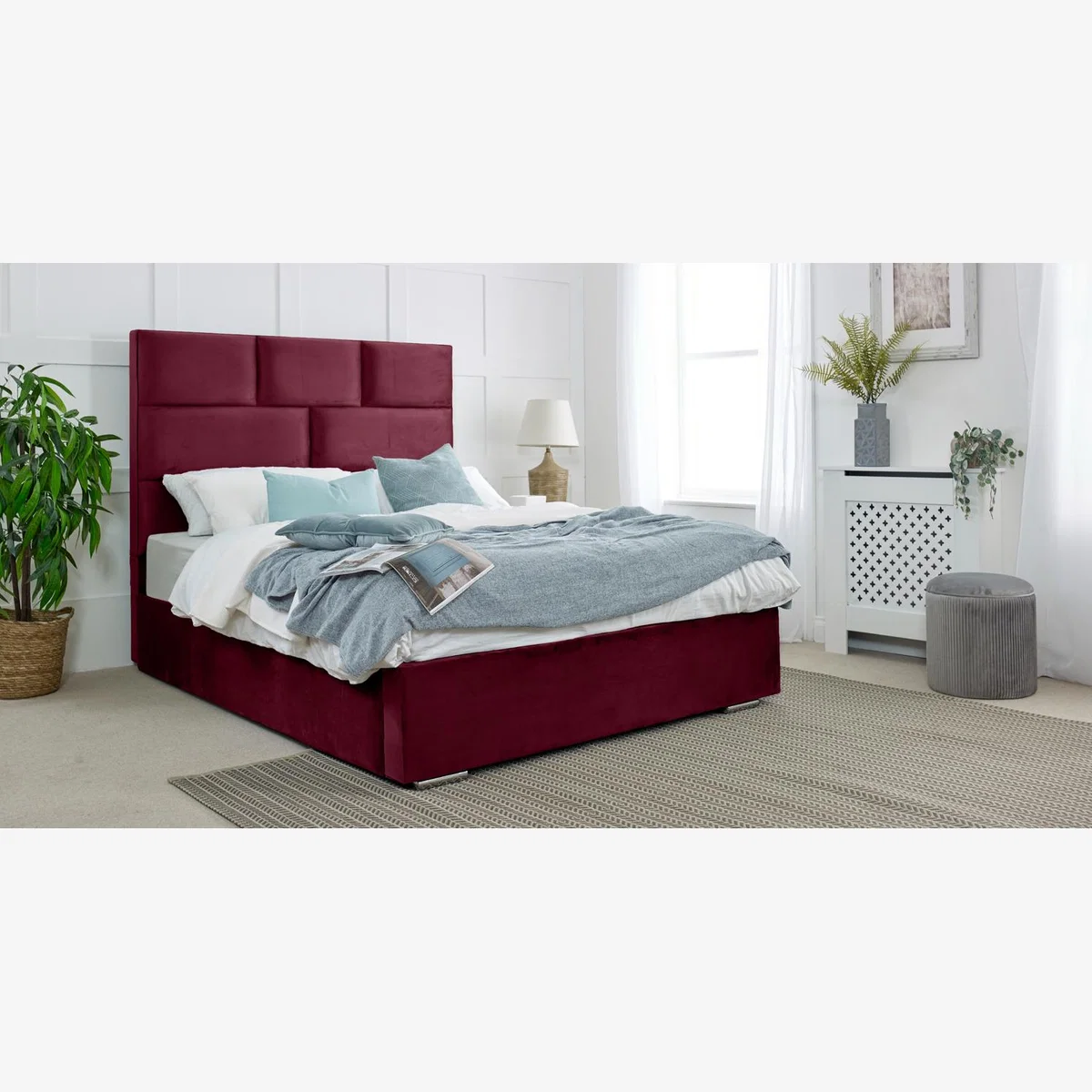 Hampton Plush 4 Inch Solid Thick Bed Frame With Lined Headboard - Maroon / King