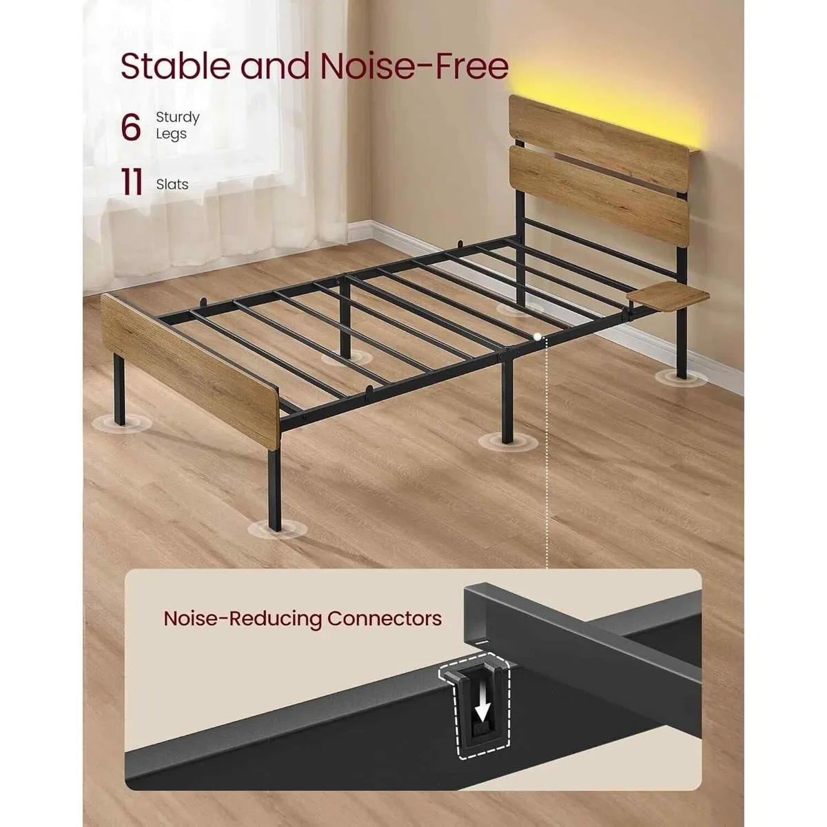 Single Metal Bed Frame with LED Headboard, USB and Type-C Charging Ports, Natural Brown - Natural Brown – image 2