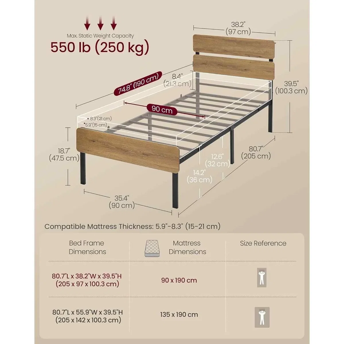 Single Metal Bed Frame with LED Headboard, USB and Type-C Charging Ports, Natural Brown - Natural Brown – image 3