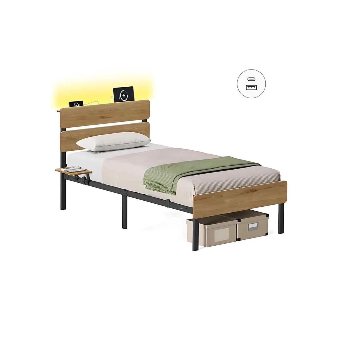 Single Metal Bed Frame with LED Headboard, USB and Type-C Charging Ports, Natural Brown - Natural Brown – image 4