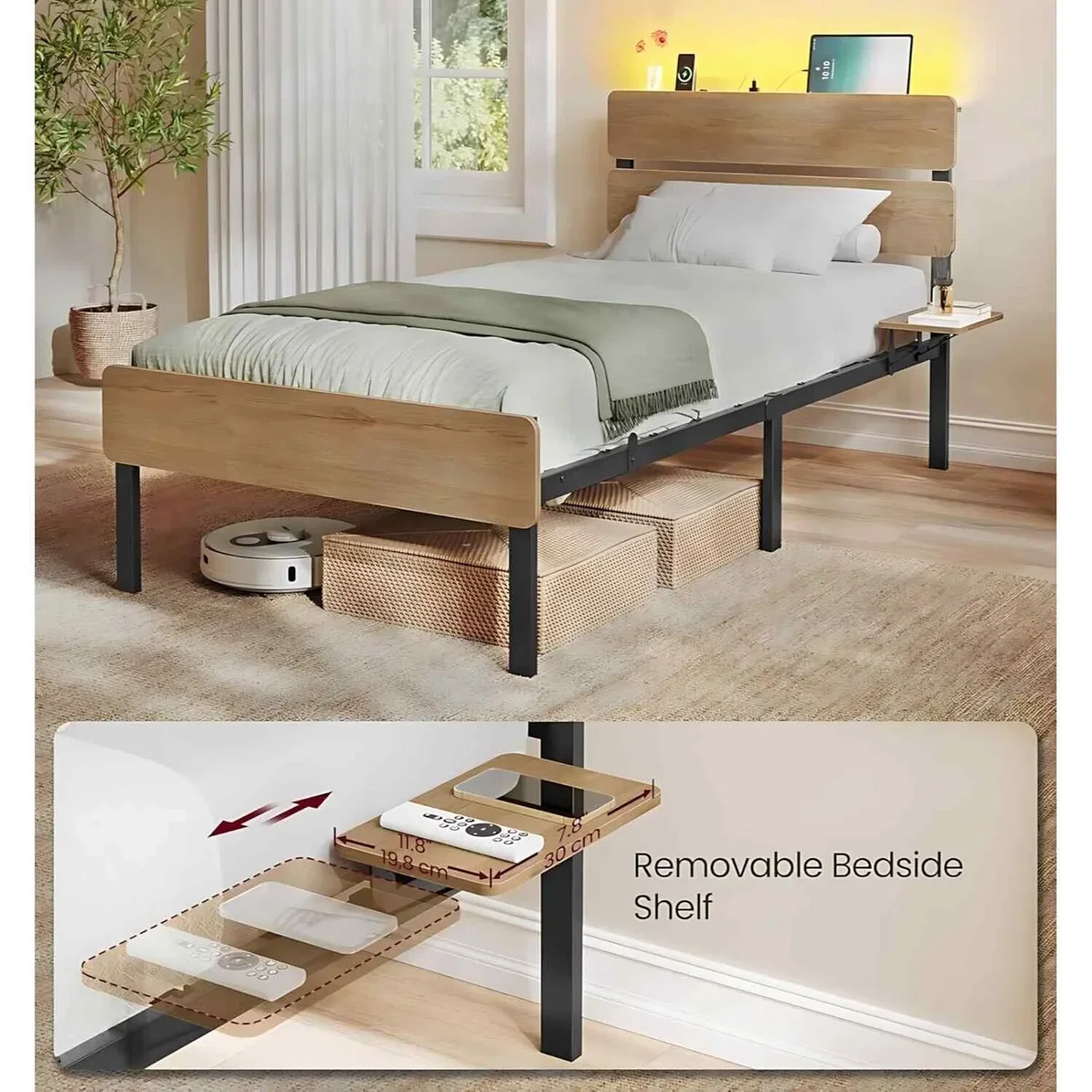 Single Metal Bed Frame with LED Headboard, USB and Type-C Charging Ports, Natural Brown - Natural Brown – image 5